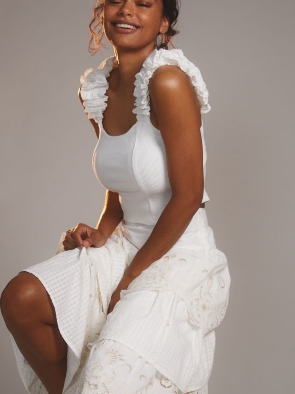 Anthropologie Cream Ruffle-Shoulder Square Neck Tank